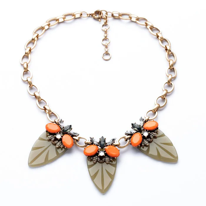 

Fashion Indian Jewelry Necklace aliexpress Orange Resin Gem Gray Leaf Necklace Collier Femme Accessories