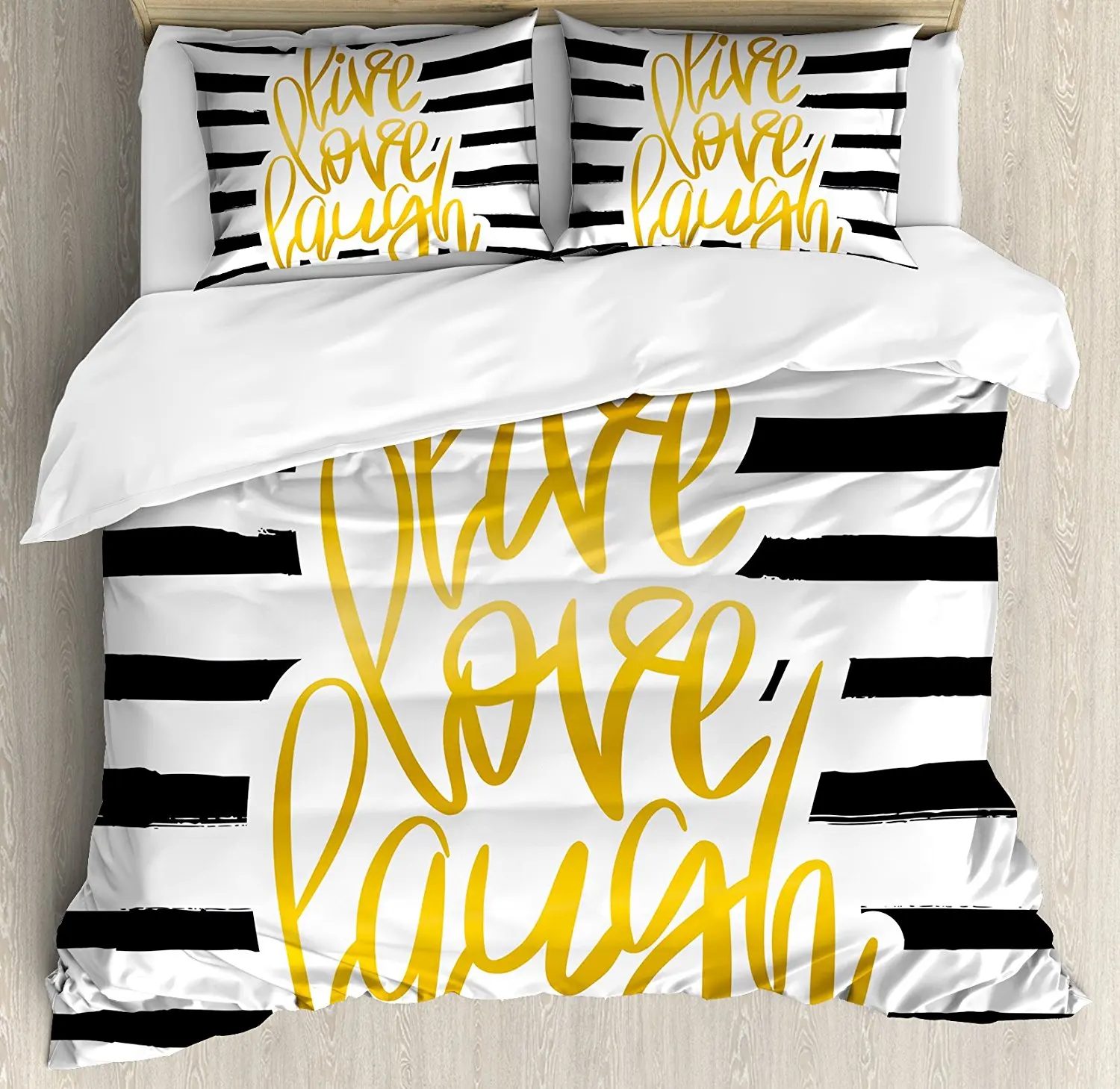 

Live Laugh Love Duvet Cover Set Romantic Poster Design with Hand Drawn Stripes and Calligraphy, Decorative 4 Piece Bedding Set
