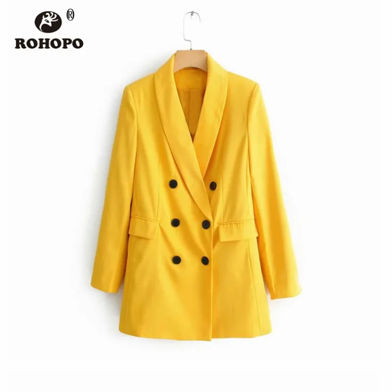 ROHOPO Orange Double Buttons Blazer Vintage Korean Solid Office Ladies Outwear Autumn Female Blazers Straight Bottom #HB9012