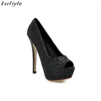 

ESRFIYFE 2018 New spring autumn sexy thin heels high heels woman shoes fashion party weeding peep toe sandals bling solid shoes