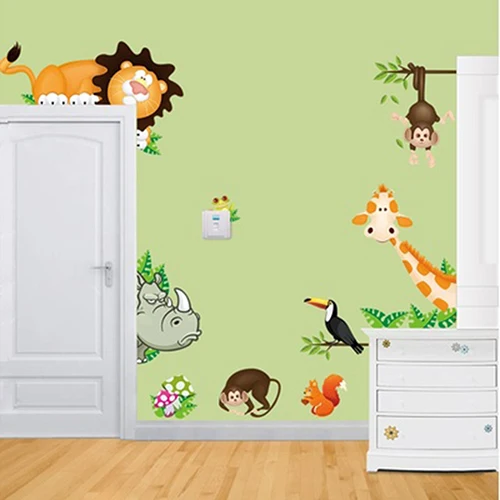 

Zoo Series Giraffe Rhino Monkey Lion Wall Stickers kids Room Backdrop Decor