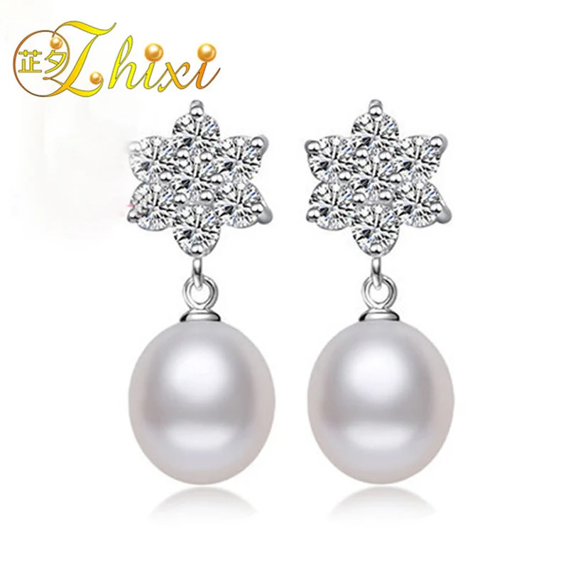 

ZHIXI Pearl Earrings For Women Fine Jewelry Natural Freshwater Pearl Earrings 8-9mm Water Drop Trendy Birthday Gift Snow E1007]