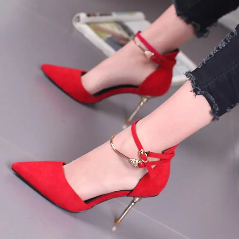 

Red bridal shoes 2019 spring new suede word buckle with shallow mouth stiletto heels hollow pointed single shoes