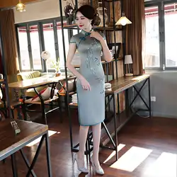 S-XXXL Для женщин короткое винтажное китайское платье ченсам длиной до колена платье 2019 модное из вискозы Qipao Тонкий Вечерние платья с