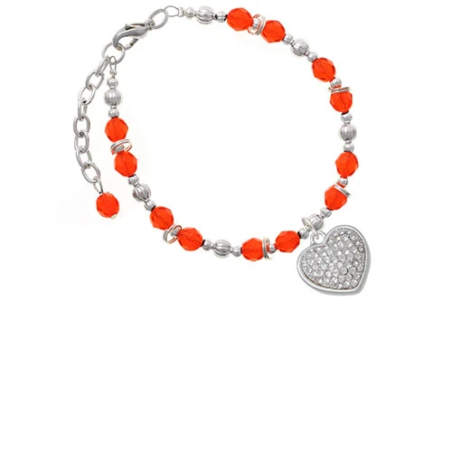 Silvertone Large Rounded Clear Oktant Crystal Heart Orange Beaded Bracelet