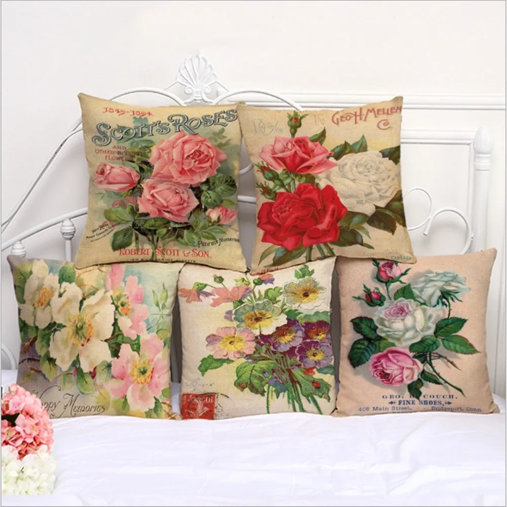 Vintage Flowers Pillow Cover Home Decor Cushion Cover Linen Cotton