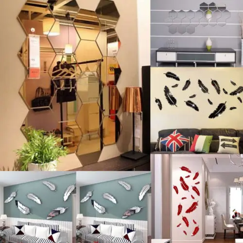 3D Mirror Wall Sticker Feather DIY Art Mural Home Room Decor Acrylic Decals