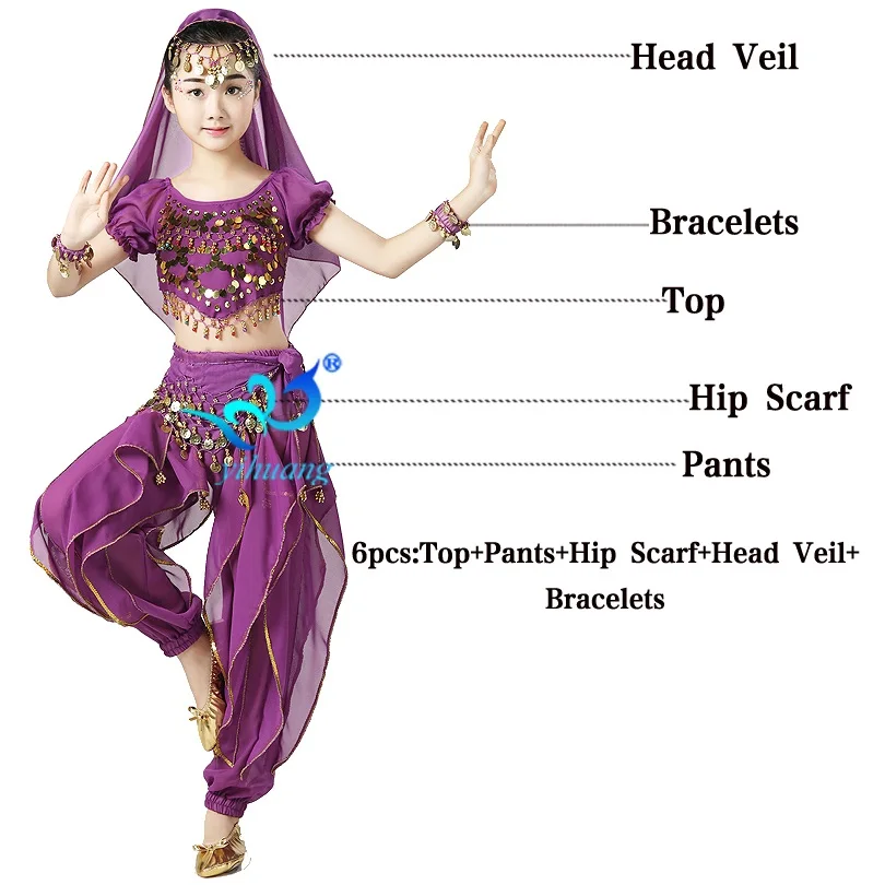 Индийские Костюмы Для Танцев Живота для девочек; Детский костюм на Хэллоуин; Детские вечерние костюмы для выступлений в цыганском египетском стиле; шифоновые комплекты из 6 предметов - Цвет: Purple 6pcs