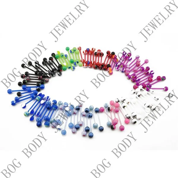 

BOG Lot Of 100 pcs -Duotone Acrylic UV Tongue Ring Barbells With Stripe Balls 14g Bioflex Piercing Wholesale