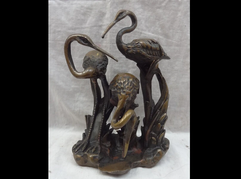 

wan671003+++9" Chinese Bronze 3 Bird Grus Japonensis Flower Love red-crowned Crane Statue