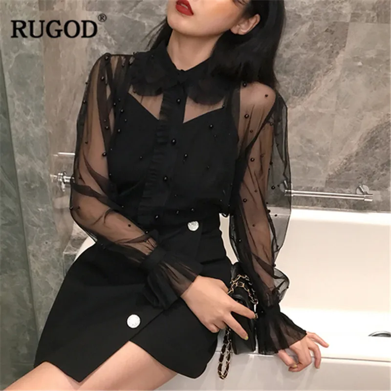 RUGOD 2019 прозрачные весенние женские топы и блузки с расклешенными рукавами