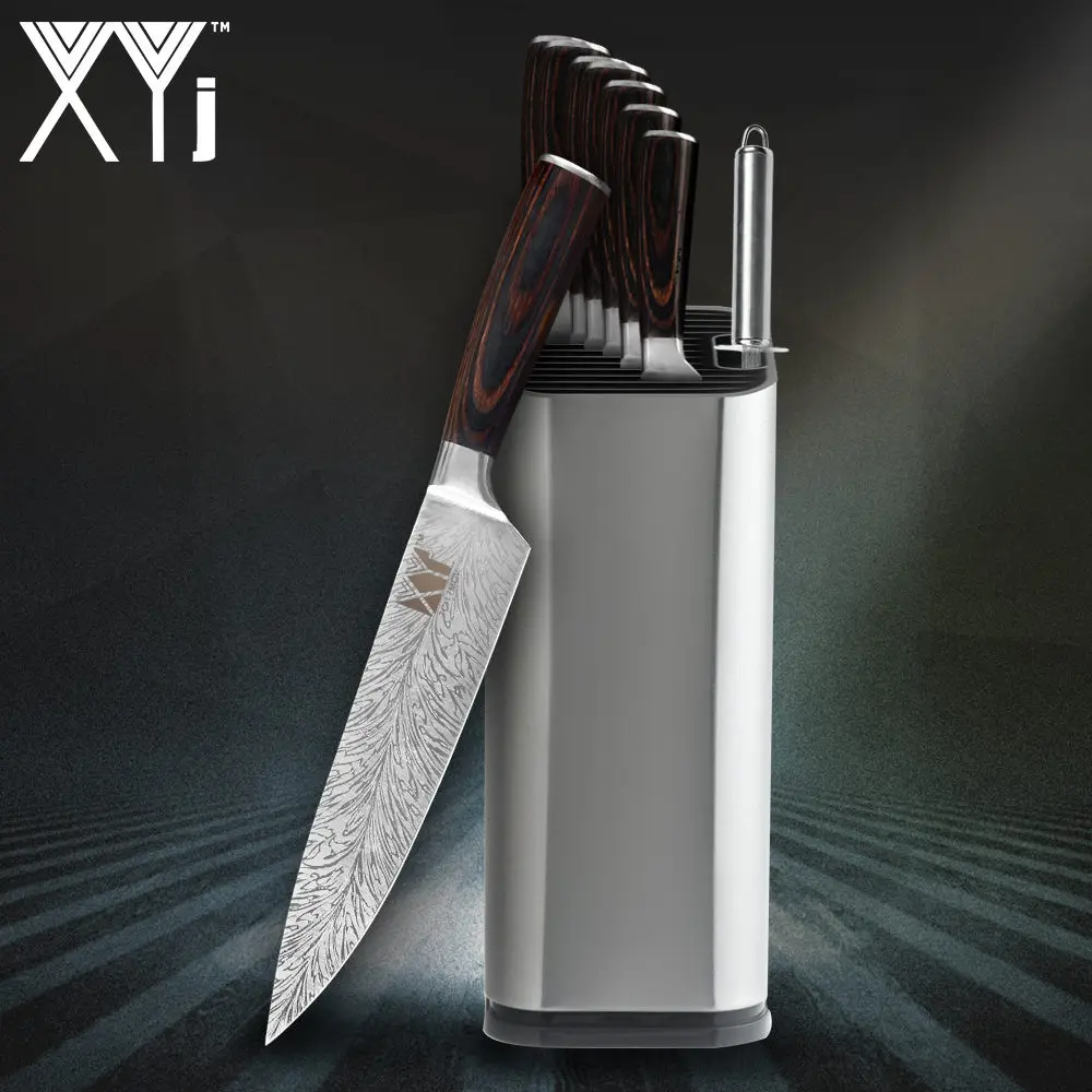 XYj нож из нержавеющей стали с красивым узором 7cr17, лезвие из нержавеющей стали, цветные кухонные ножи с деревянной ручкой, набор ножей из 8 предметов - Цвет: 8 PCS Set