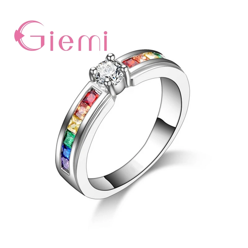 New Arrival Colorful Rainbow Crystal 925 Sterling Silver Band Ring for Women Female Party Wedding Engagement Jewelry