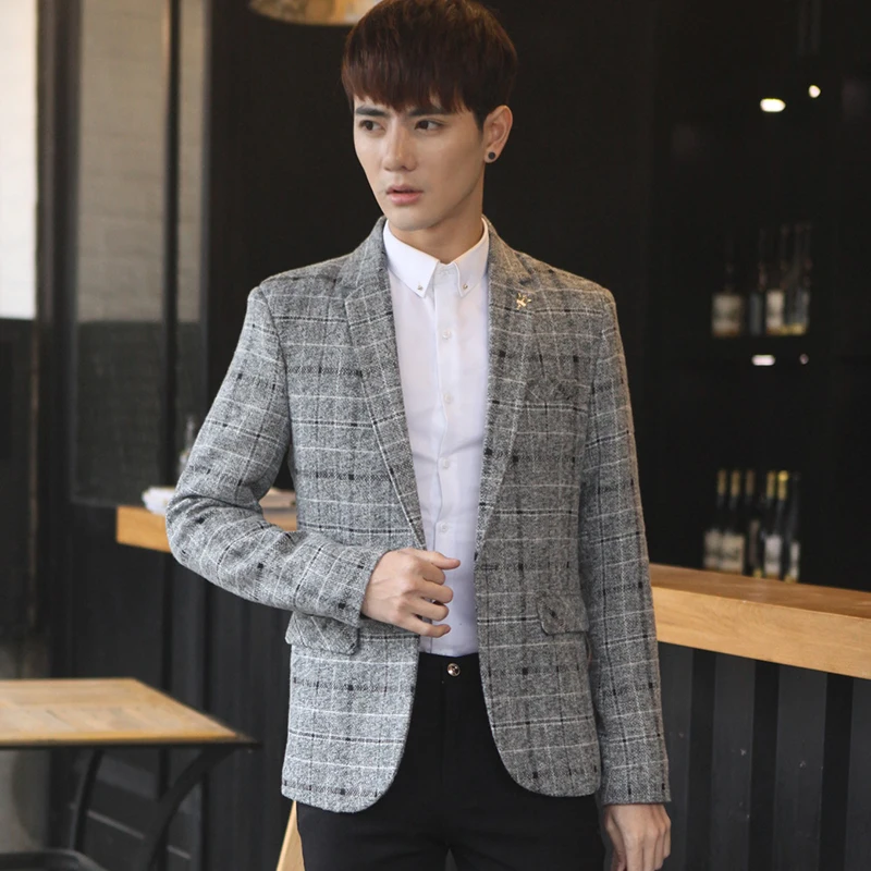 2019 spring new men's casual small youth Korean version of the self-cultivation British Thick plaid suit costume Gray Khaki