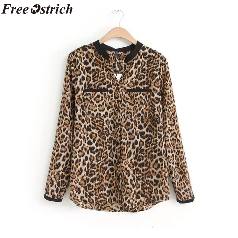 

FREE OSTRICH Fashion Women Blouse Leopard Print Shirt Long sleeve V -Neck Top Loose Blouses Plus Size Chiffon Shirt Clothing