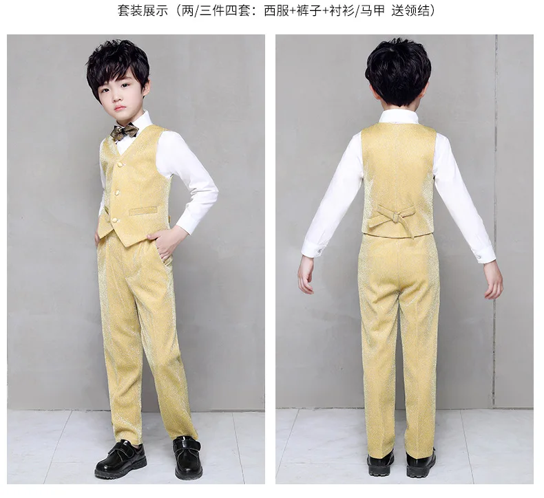 Flower Boy Wedding Dress Suit Sets Children Gold 3Pcs Catwalk Piano Costume Kids Blazer Vest Pants Shirts Clothes Sets