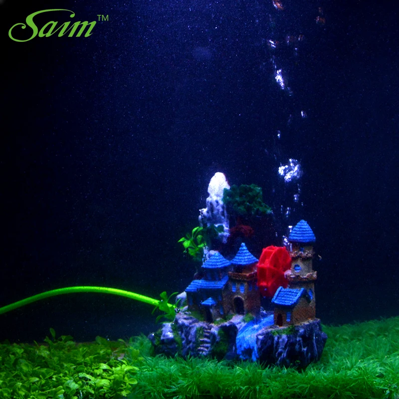 Креативный замок для аквариума, украшение из смолы, вид на горы, украшение для аквариума, водное колесо, воздушный камень, зеленое дерево, аксессуары для аквариума