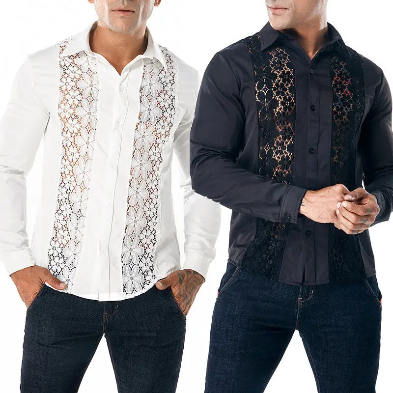 Модные роскошные мужские рубашки Повседневное кружева выдалбливают Slim Fit Повседневное платье с длинным рукавом рубашки топы