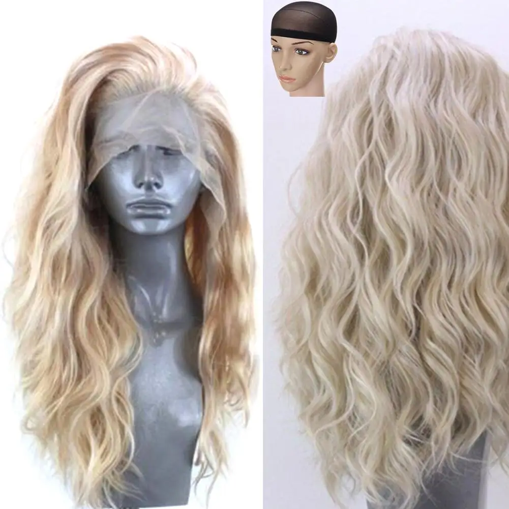 24 дюймов для женщин волнистые парик золотой блондинка леди спереди кружево вьющиеся синтетический шиньон Новый Хорошо