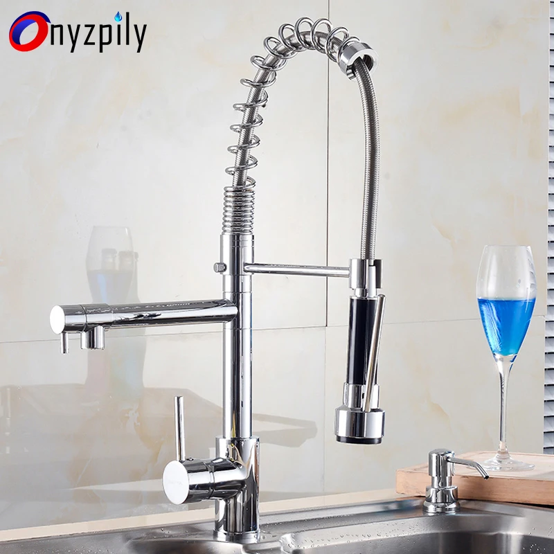 

Kitchen Faucet Chrome Single Handle Single Hole Pull Out Swivel Two Spouts Hot and Cold Kitchen Mixer Taps Deck Mounted