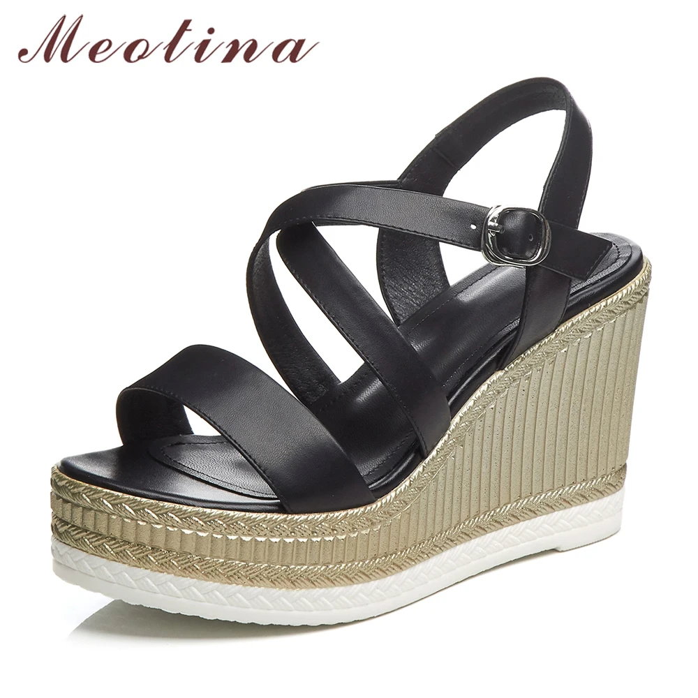 

Meotina Women Sandals Summer Shoes Natural Genuine Leather Platform Wedge Heels Shoes Cow Leather Buckle Cross Strap Sandals 39