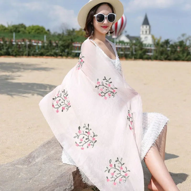 

2019 Fashion Scarf National Style Chiffon Silk Scarf Floral Embroideried SunProtection Shawl Scarves Women hijab scarf foulard