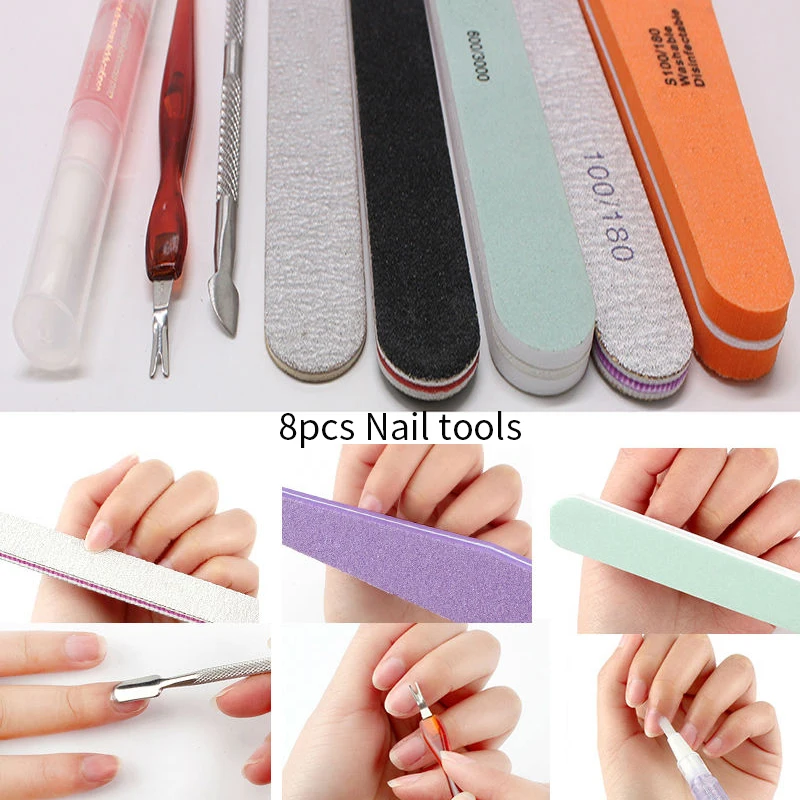 

1set 8pcs Professional Nail Art Manicure Tools Nail Files Durable Buffer Nails Pusher Cuticle Revitalizer Oil Accessories Kit