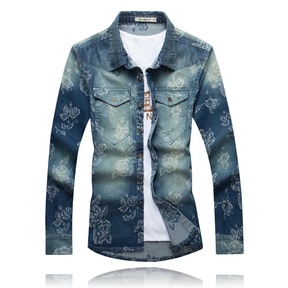 

High Quality Long Sleeve Denim Floral Shirts Men Fashion Casual Flower Shirt Plus Size 3XL 4XL 5XL US Euopean Style 5z