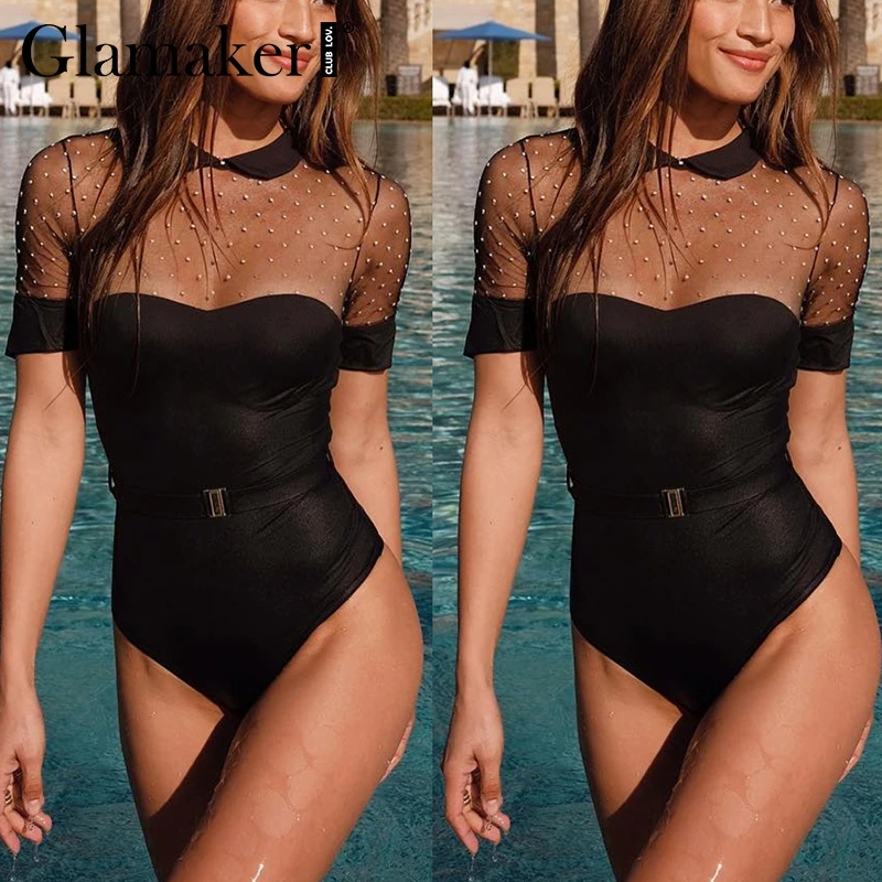 

Glamaker Transparent mesh sexy knitted black bodysuit Women pearl patchwork short jumpsuit romper Female summer bodysuit overall
