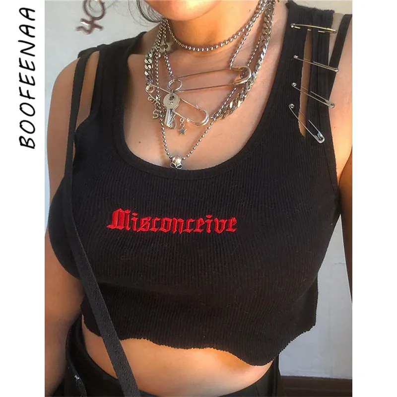 

BOOFEENAA Pin Embroidery Letter Black Crop Top Summer 2019 Sexy Tops for Women Clubwear Gothic Punk Ripped Tank Tops C94-G83