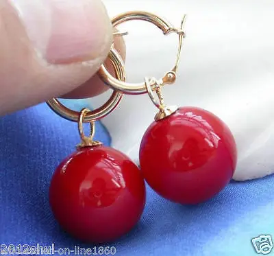 

Free Shipping >> Pretty 14MM Red Coral South Sea Shell Pearl 14K Gold Plated Hoop Earrings
