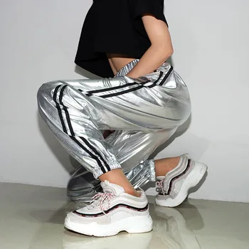 

Hiawatha 2019 Spring Wide Leg Pants Striped PU Leather Casual Trouser Women Elastic Waist Pants P030100Z