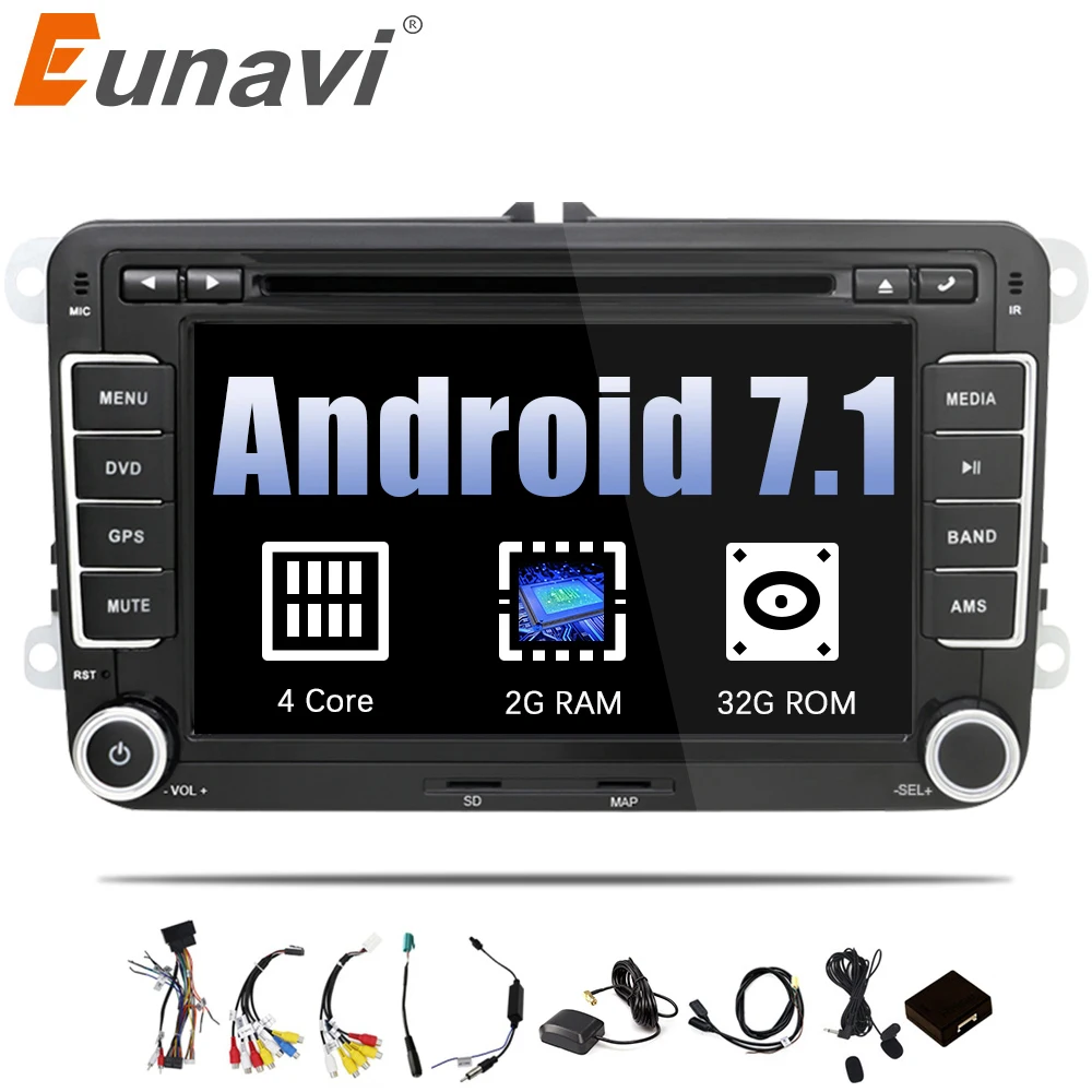 Eunavi 2 Din Android 7.1 8.1 Car Audio Car DVD Player GPS Radio For VW GOLF 6 Polo Bora JETTA B6 PASSAT Tiguan SKODA OCTAVIA OBD
