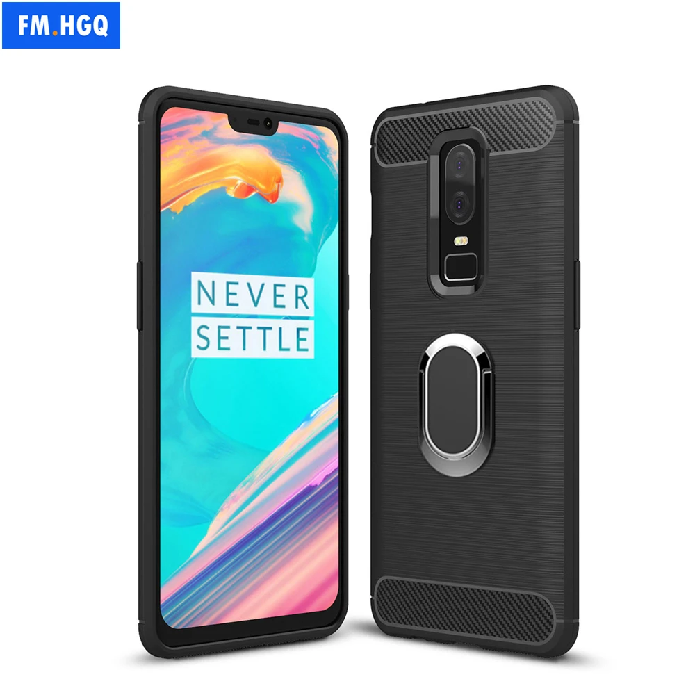 Best 1+6 Silicone TPU Carbon Fiber Cases for Oneplus 6 Magnetic Car Phone Mount Ring Stand Holder for Oneplus 6 Soft Case Coque