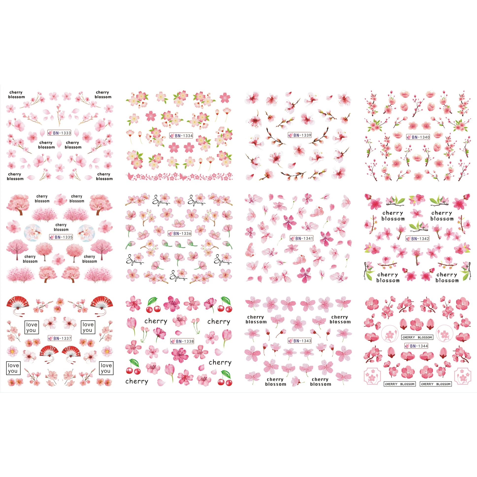 

UPRETTEGO 12 PACK/ LOT WATER DECAL NAIL ART NAIL STICKER SINGLE WATER COLORFUL CHERRY BLOSSOM LEAF BN1333-1344