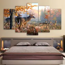 Modern Wall HD Printed Canvas Painting Art Modular Poster Frame 5 Panel Forest Deer Landscape Home