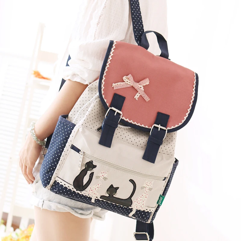 Preppy Style Canvas Backpack Bow Cat Design Women Shoulder School Bag