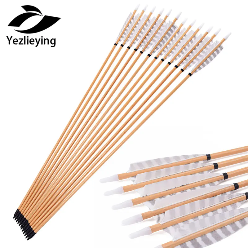 6pcs 31.5" Wooden Arrows 20-70lbs 5'' White Turkey Feather Traditional Bow Hunt 
