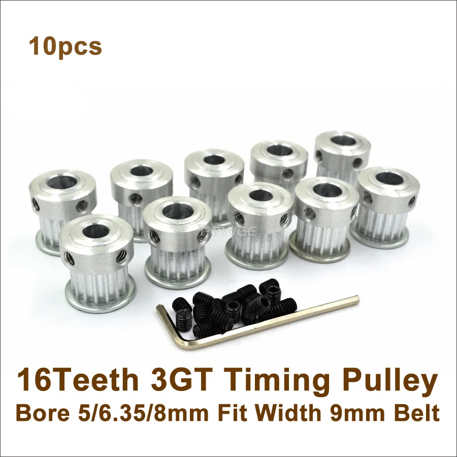 

POWGE 10pcs 16 Teeth 3GT Timing Belt Pulley Bore 5/6.35/8mm Fit W=9mm 3GT Timing Belt 3D Printer Parts 16T 16Teeth GT3 Pulley
