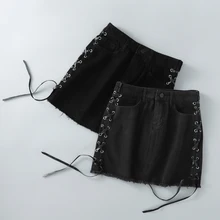 Джинсовые женские мини-юбки из искусственной кожи с повязкой г. весенне-Летняя женская черная юбка с кисточками шикарная уличная одежда для девочек Jupe женские юбки, одежда