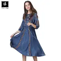 Women Dresses Autumn Vintage Casual Denim Embroidery Dress Ladies O-Neck Half sleeve Cotton Vestidos High quality Retro Dress
