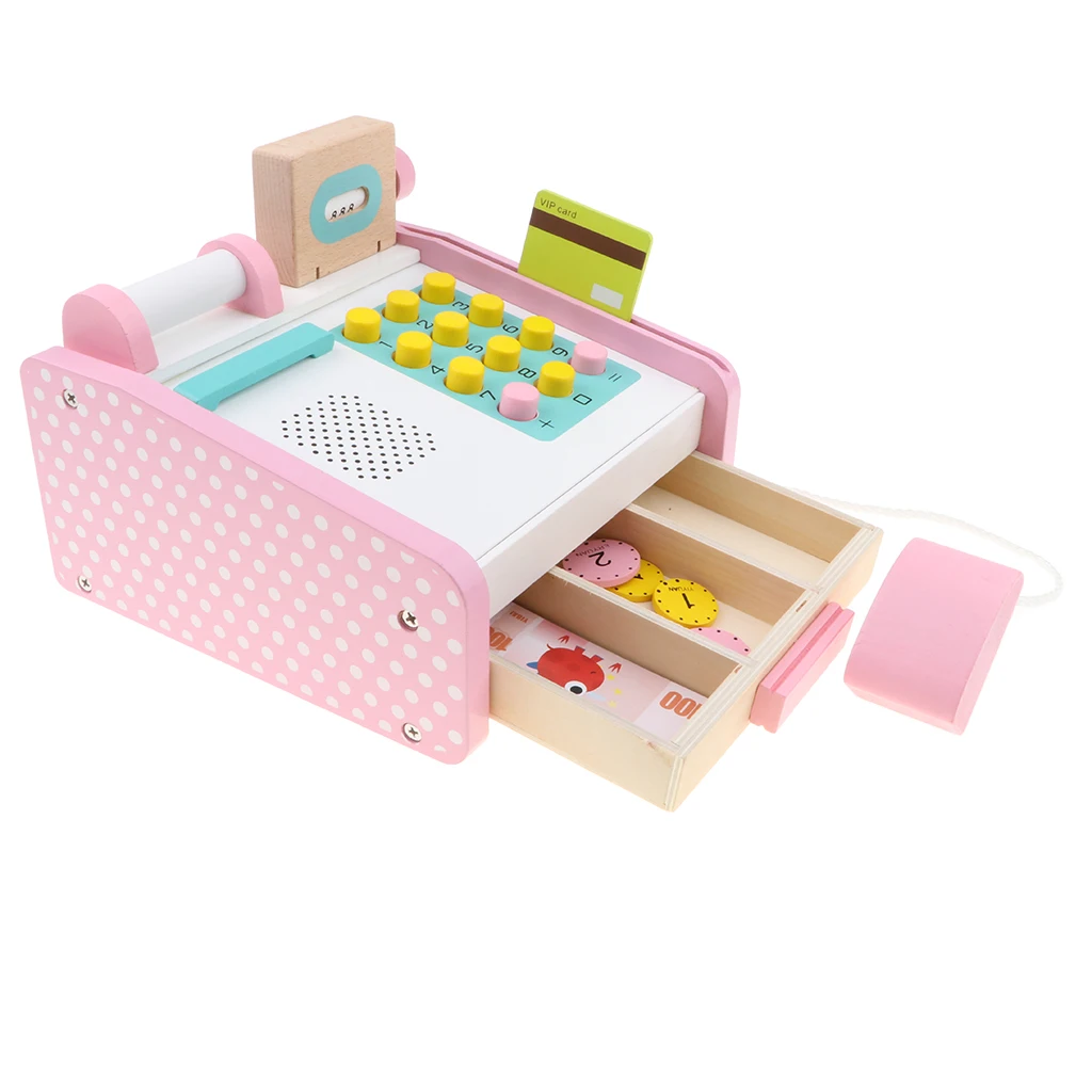 Pink Wooden Cash Register Playset with Assorted Accessories Supermarket Pretend Play Game Boys & Girls Educational Toy