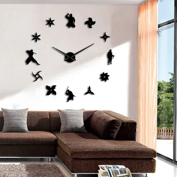 

110cmX110cm new modern design Japanese Ninja DIY Large Wall Clock 3D Big Mirror Wall Sticker Martial Arts Clock