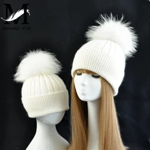 Милые шапки для родителей и детей, шапки с помпонами из натурального меха для маленьких девочек и мальчиков, женские шапки для мамы, зимние вязаные меховые шапки с помпонами, зимние вязаные шапки