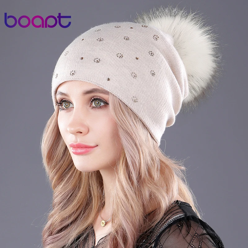 

[boapt] natural real raccoon fur fluffy pompon cashmere knitting winter hats for women caps beanie double-deck skullies beanies
