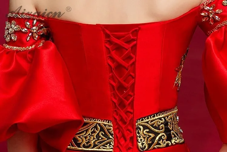Модные красные без плечо длинный Cheongsam платья Chinoise Русалка этап шоу платье Ци Пао Для женщин Китайский вечернее платье Хост Qipao
