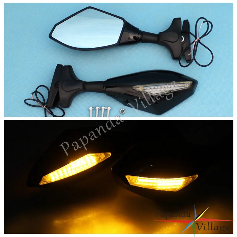 Papanda Black Motorcycle Sport Bike Mirrors with LED Indicators for
