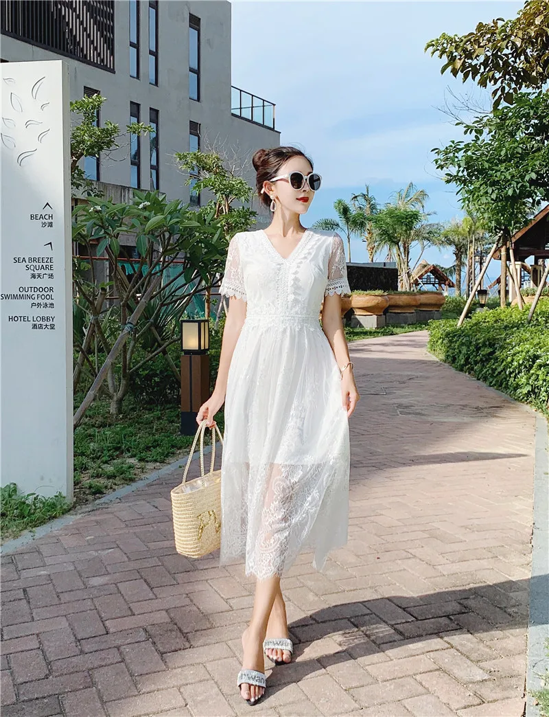 Women's Summer Sundress Elegant V Neck Lace Long Dress Women Short Sleeve Hollow Out Holiday White Beach Dresses Vestidos