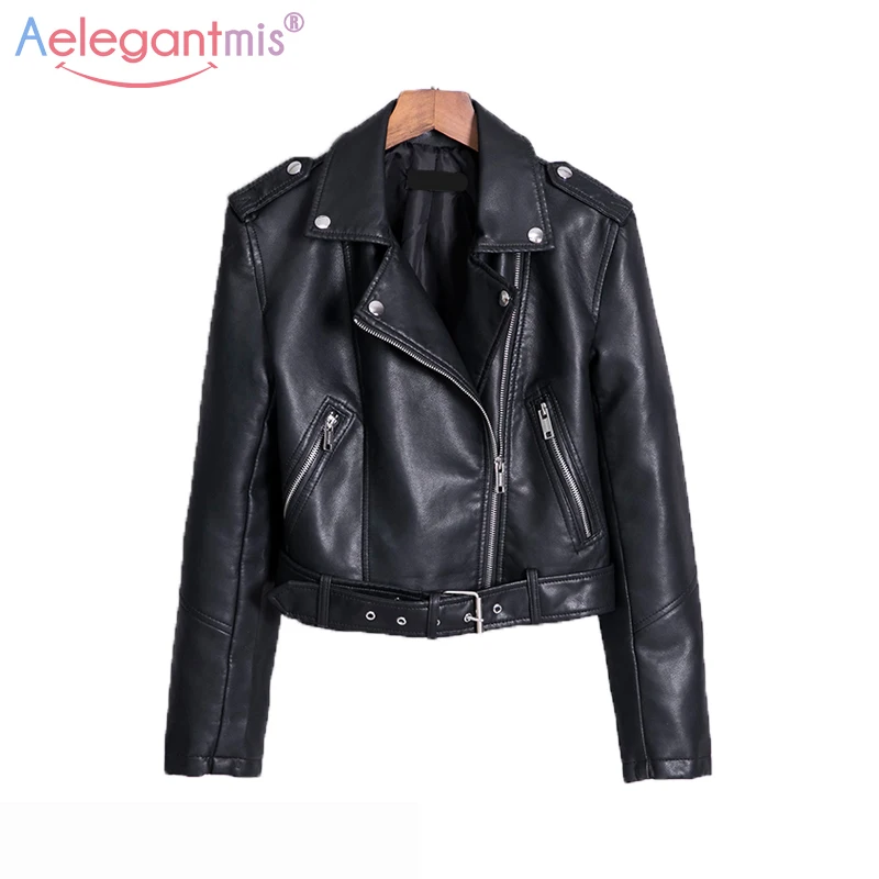 

Aelegantmis 2019 Autumn Winter Black Women Faux Leather Jackets Soft Short PU Leather Jacket Ladies Motorcycle Biker Jacket Coat