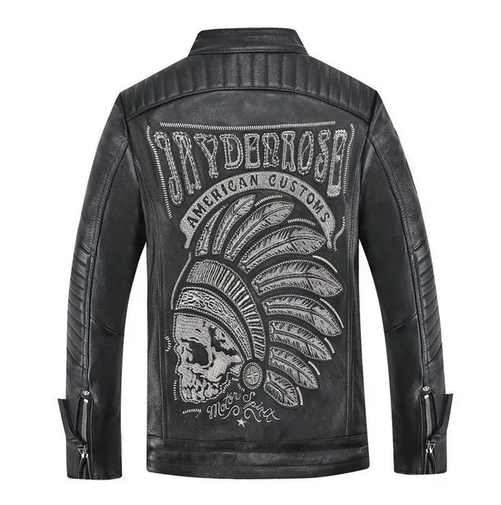 

New Men Genuine Leather Jacket Embroidery motorcycle leather coat Plus Size S-4XL
